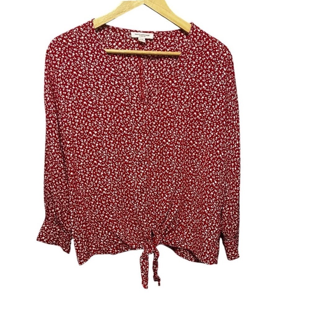 Beach Lunch Lounge Women Tie Hem Blouse S Red Ditsy Floral Romantic Cottage Boho
